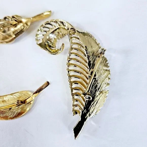 Vintage Set of 3 Gold Tone Rhinestone Signed Gerry's Leaf Themed Brooches Pins - Picture 9 of 12